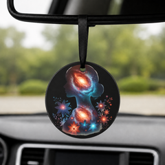 Floral Galaxy Woman Silhouette - Lotus Flowers - Round Car Charm in black
