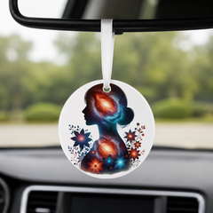 Floral Galaxy Woman Silhouette - Lotus Flowers - Round Car Charm in white