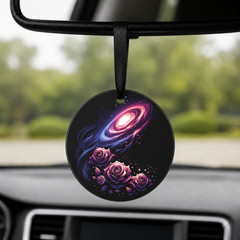 Floral Galaxy Woman Silhouette - Pink Roses - Round Car Charm in black