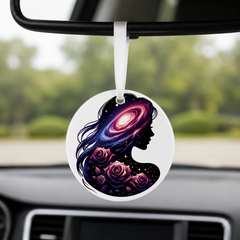 Floral Galaxy Woman Silhouette - Pink Roses - Round Car Charm in white