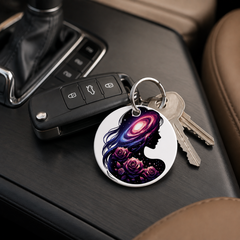 Floral Galaxy Woman Silhouette - Pink Roses - Keychain in white