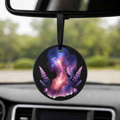 Floral Galaxy Woman Silhouette - Purple Spiral - Round Car Charm in black