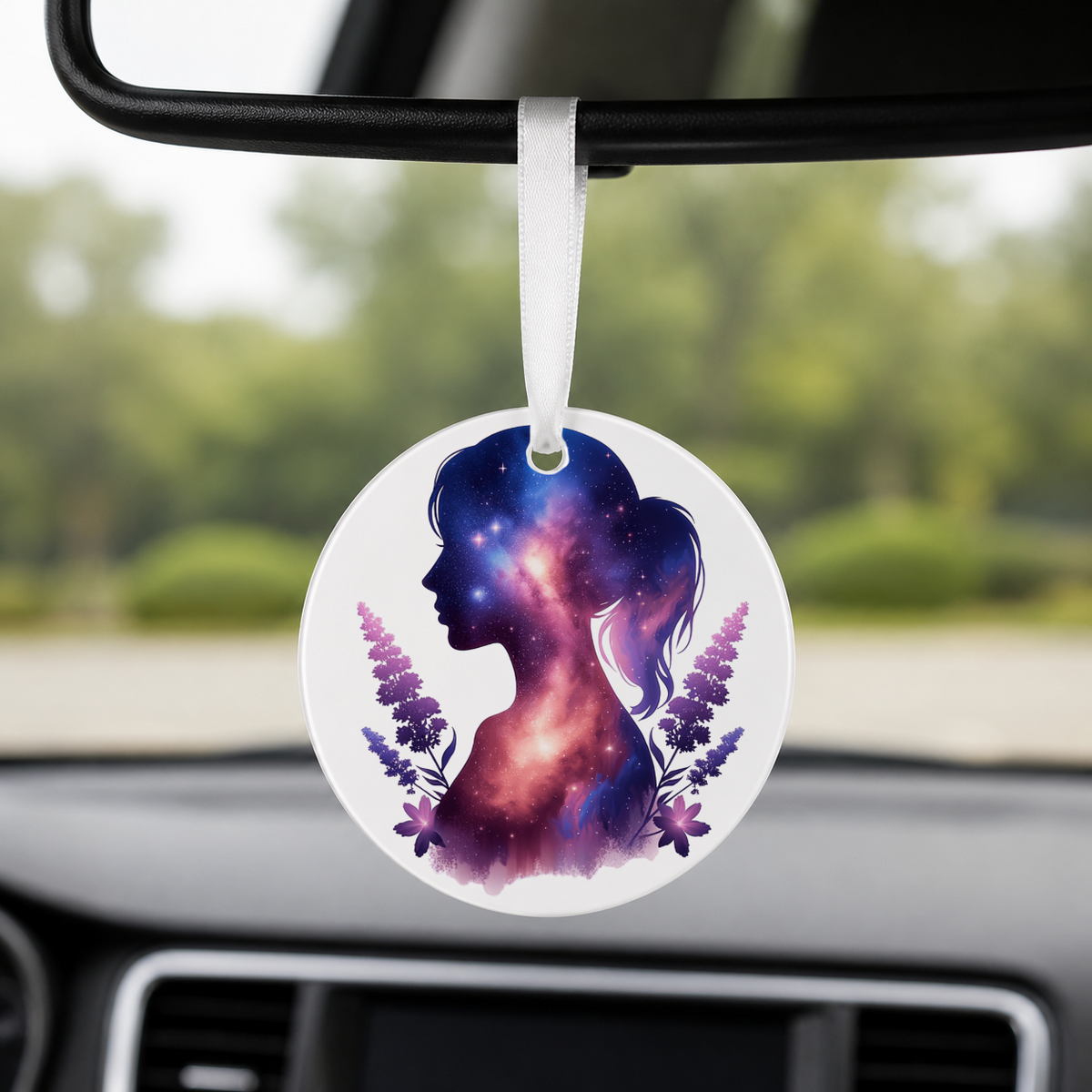 Floral Galaxy Woman Silhouette - Purple Spiral - Round Car Charm in white