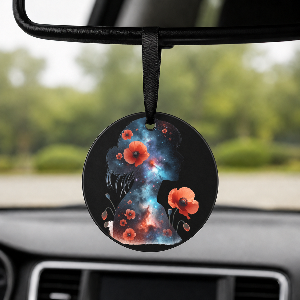 Floral Galaxy Woman Silhouette - Red Poppies - Round Car Charm in black
