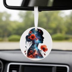 Floral Galaxy Woman Silhouette - Red Poppies - Round Car Charm in white