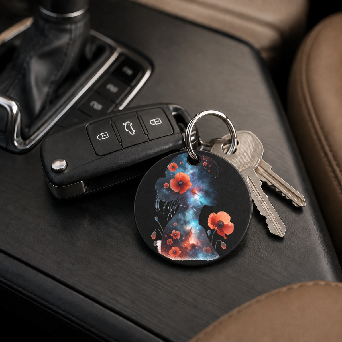 Floral Galaxy Woman Silhouette - Red Poppies - Keychain in black