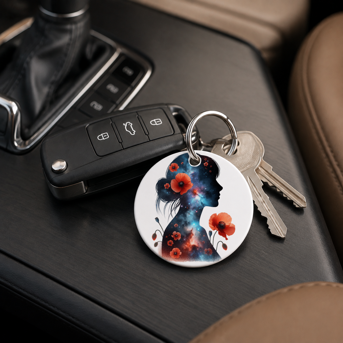 Floral Galaxy Woman Silhouette - Red Poppies - Keychain in white