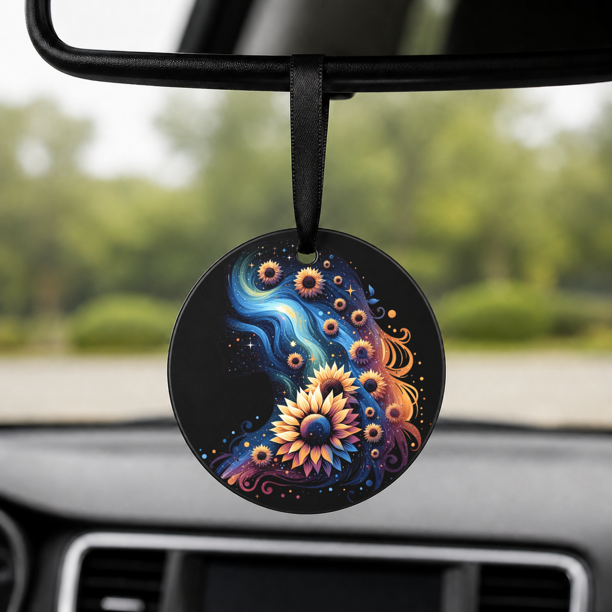 Floral Galaxy Woman Silhouette - Spiral Flowers - Round Car Charm in black