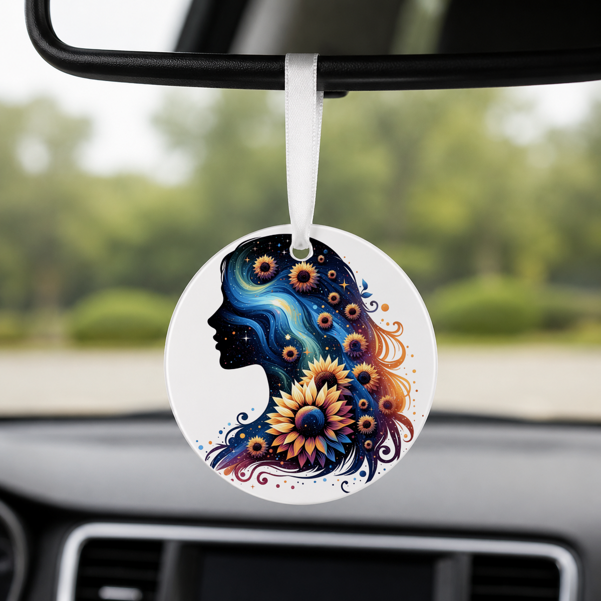 Floral Galaxy Woman Silhouette - Spiral Flowers - Round Car Charm in white
