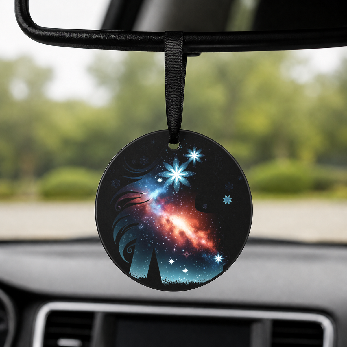 Floral Galaxy Woman Silhouette - Spiral Hearts - Round Car Charm in black