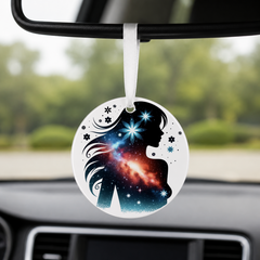 Floral Galaxy Woman Silhouette - Spiral Hearts - Round Car Charm in white
