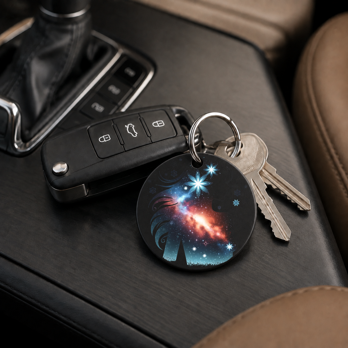 Floral Galaxy Woman Silhouette - Spiral Hearts - Keychain in black