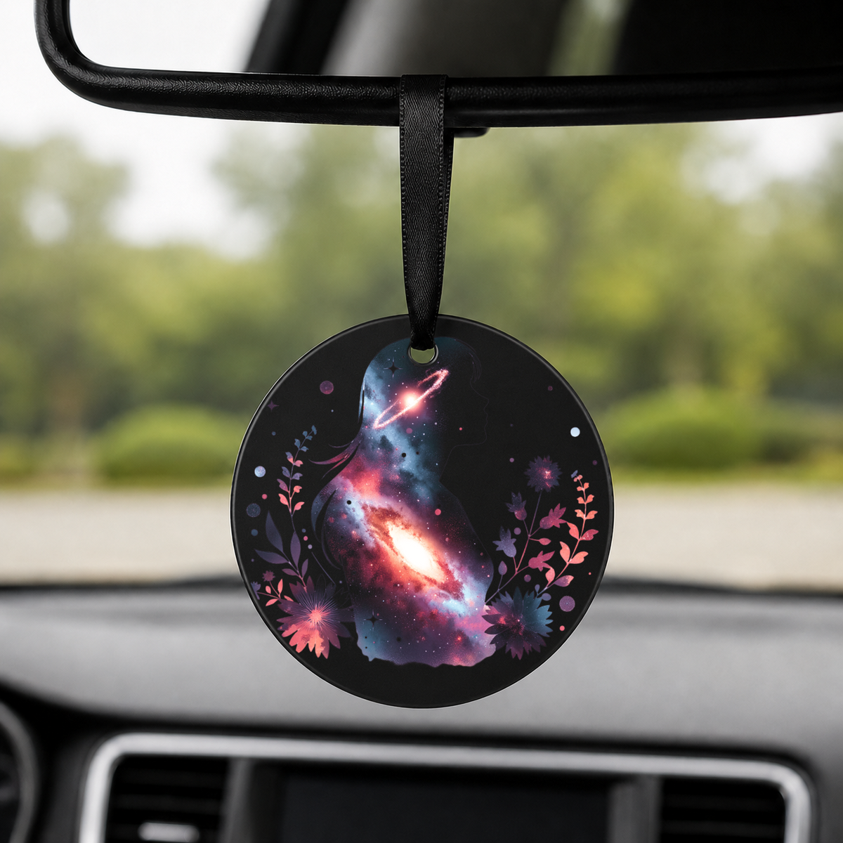 Floral Galaxy Woman Silhouette - Star Halo - Round Car Charm in black