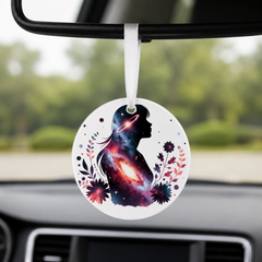 Floral Galaxy Woman Silhouette - Star Halo - Round Car Charm in white