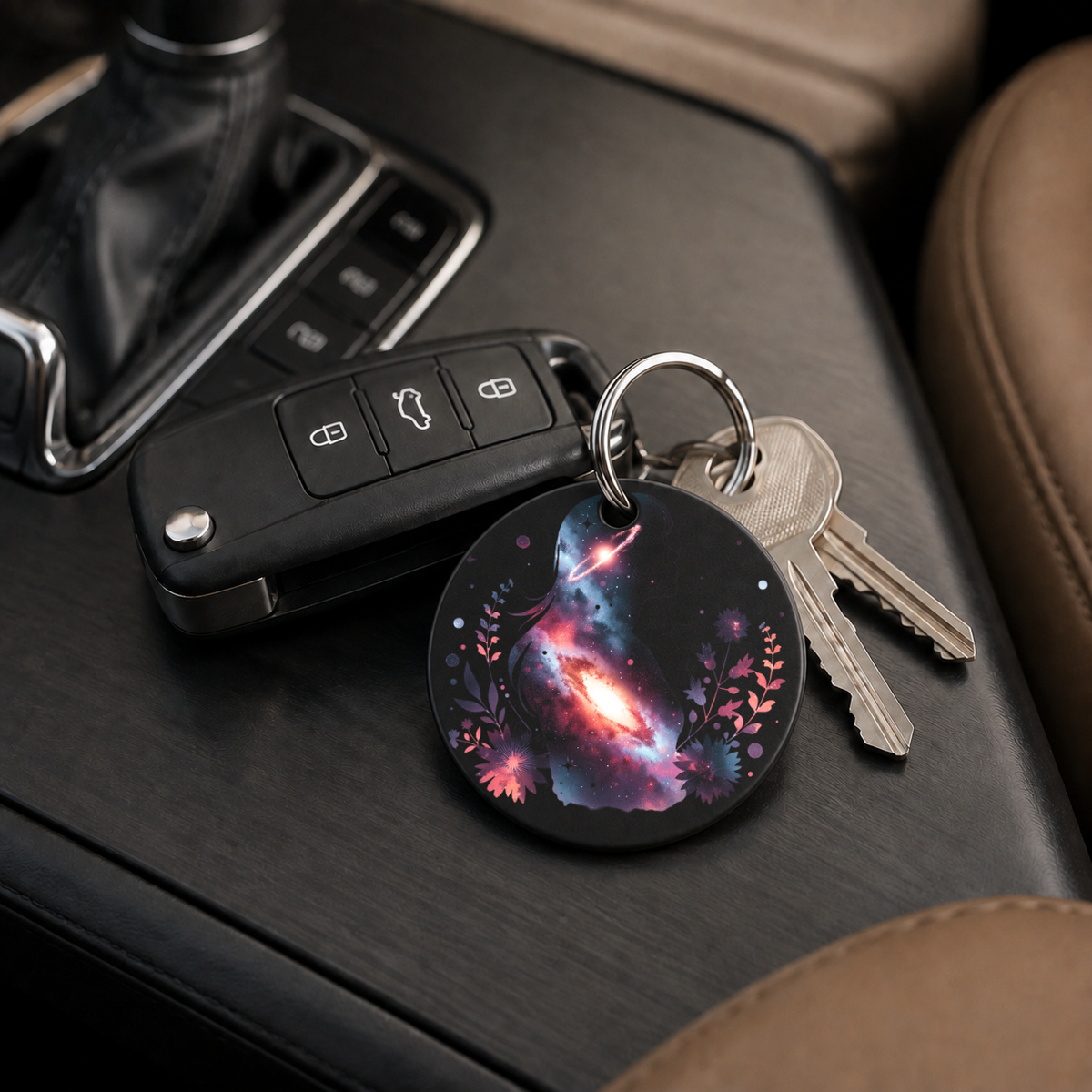 Floral Galaxy Woman Silhouette - Star Halo - Keychain in black