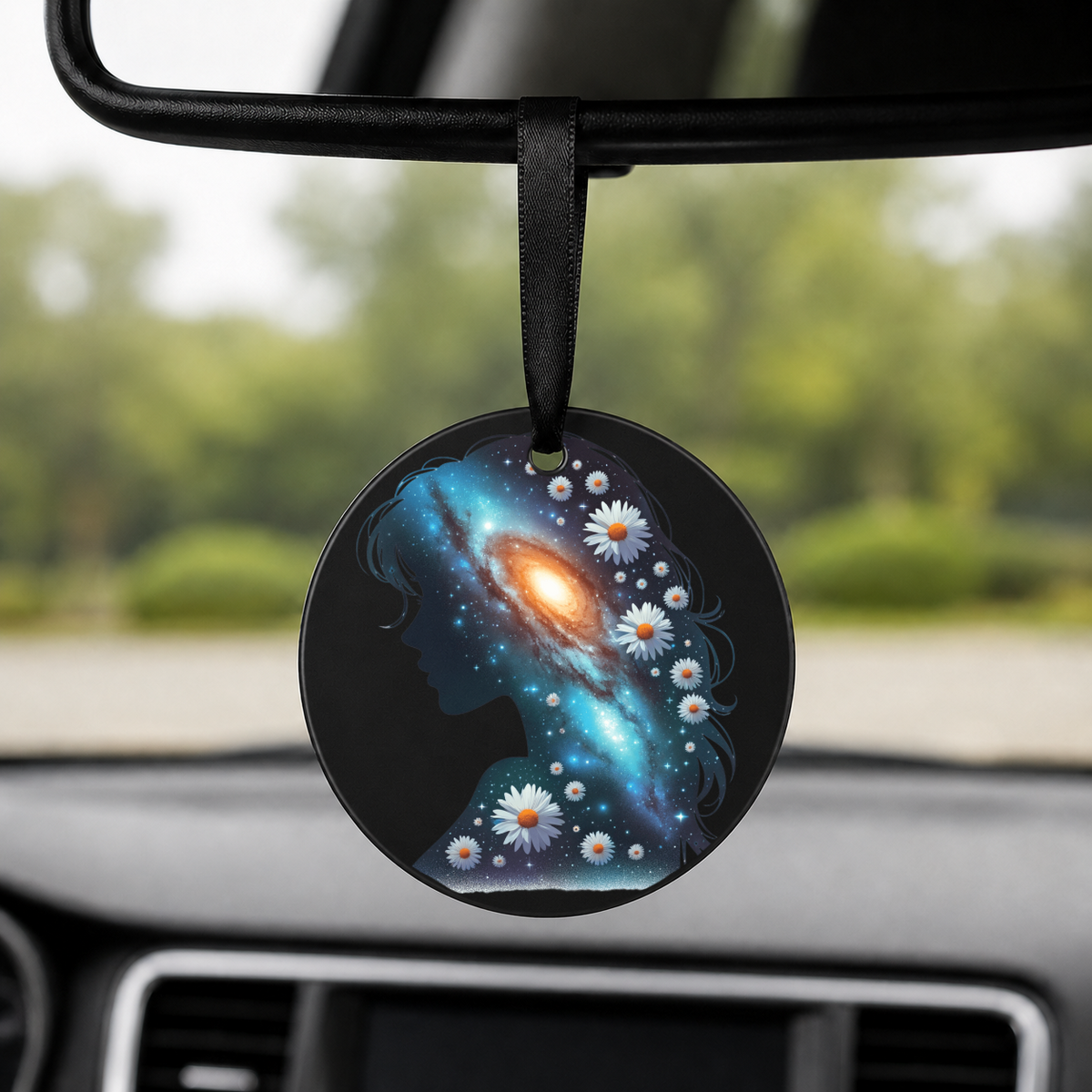 Floral Galaxy Woman Silhouette - Sunflower - Round Car Charm in black