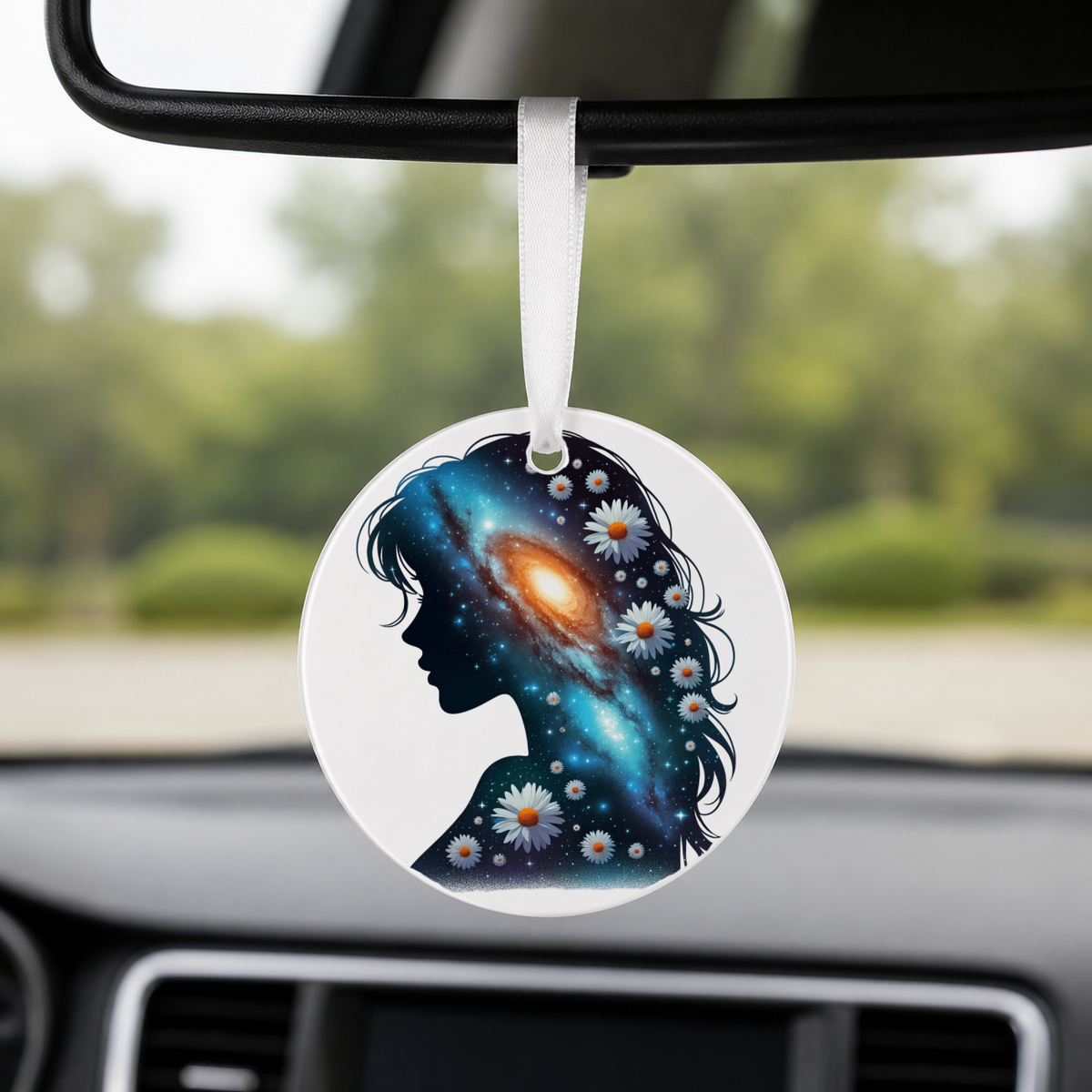 Floral Galaxy Woman Silhouette - Sunflower - Round Car Charm in white