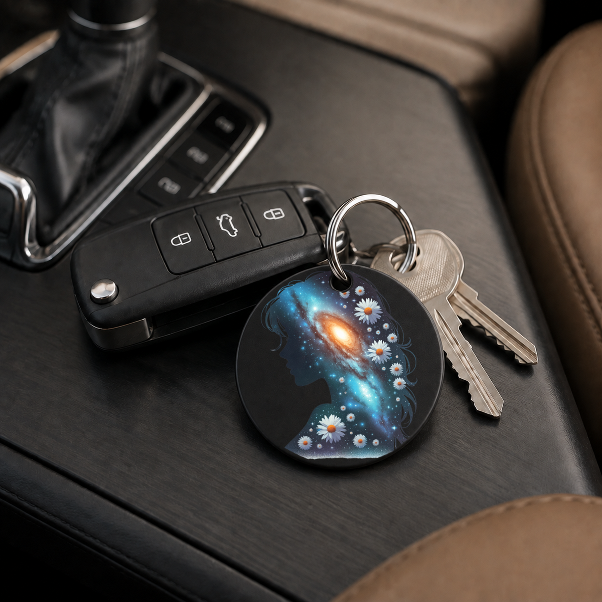 Floral Galaxy Woman Silhouette - Sunflower - Keychain in black