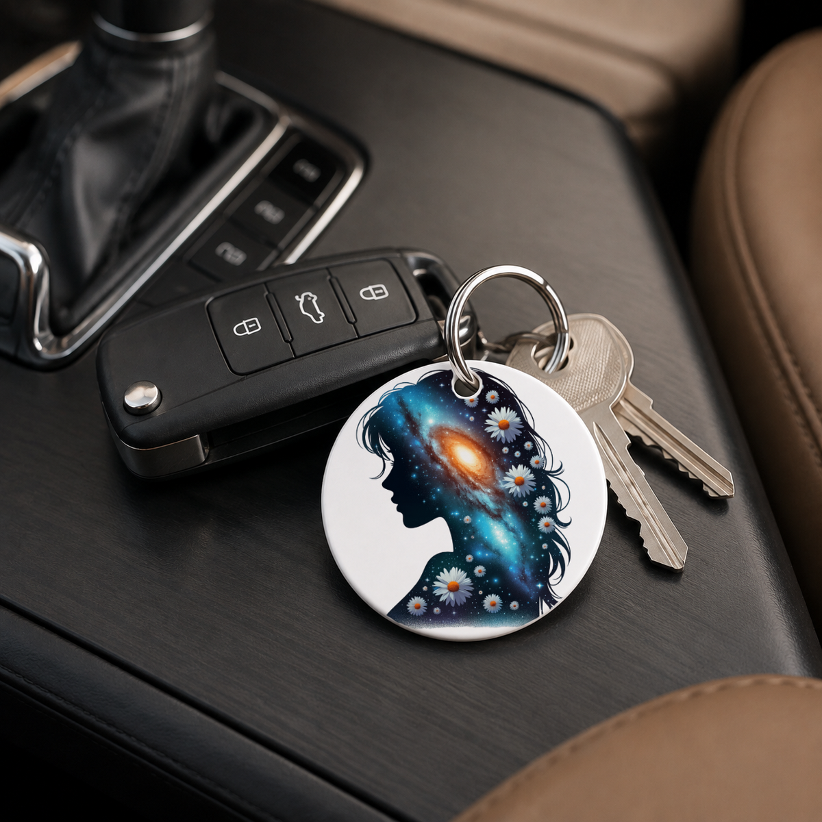 Floral Galaxy Woman Silhouette - Sunflower - Keychain in white