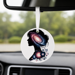 Floral Galaxy Woman Silhouette - White Daisies - Round Car Charm in white