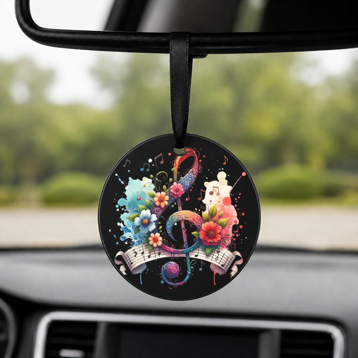 Floral Treble Clef - Banner Ribbon - Round Car Charm in black
