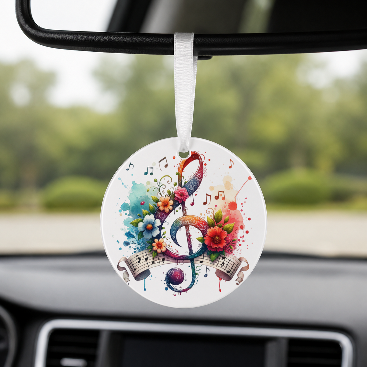Floral Treble Clef - Banner Ribbon - Round Car Charm in white