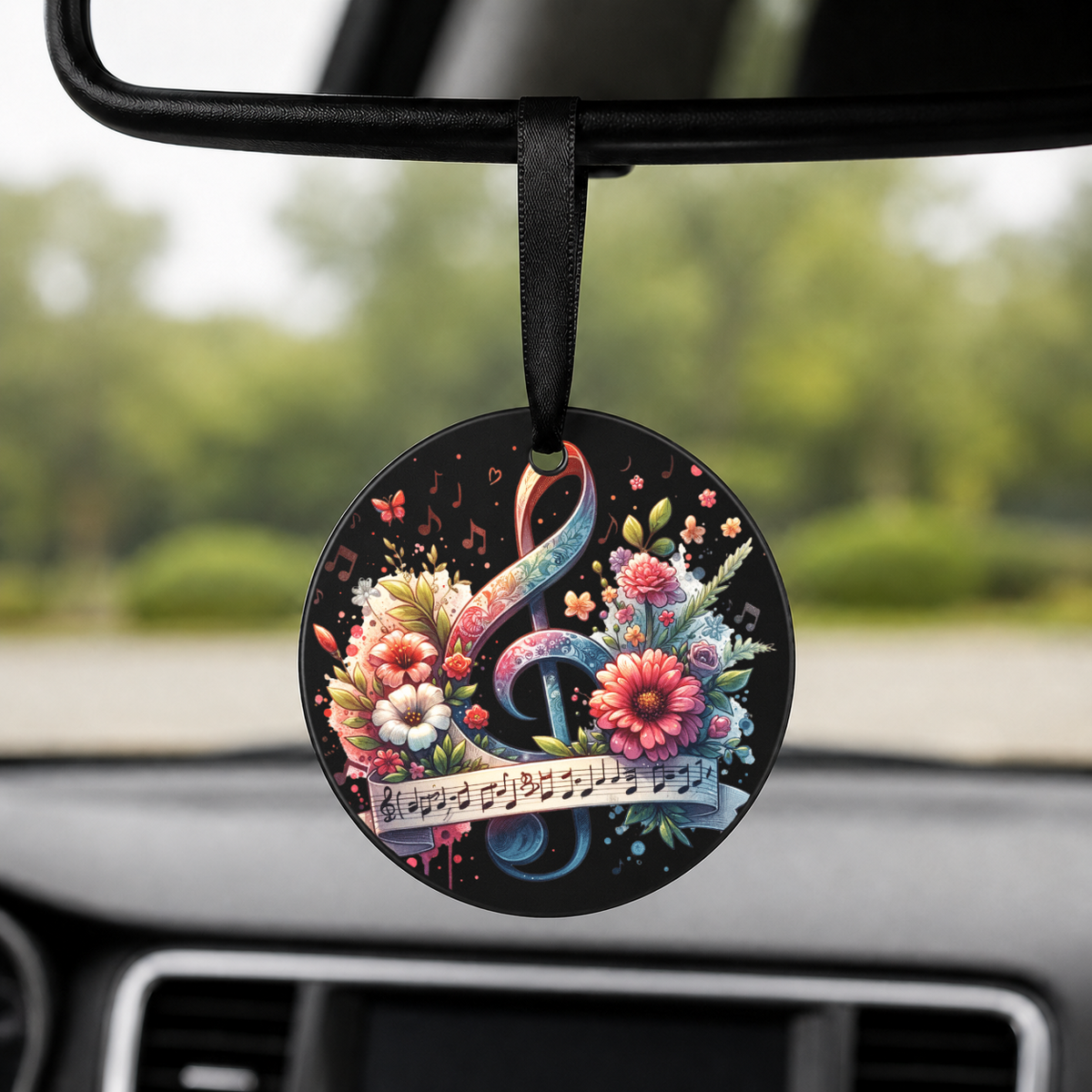 Floral Treble Clef - Pink Blossoms - Round Car Charm in black