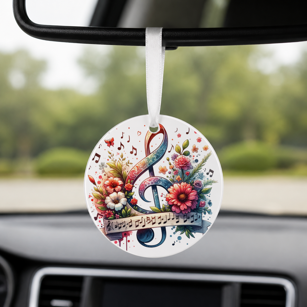 Floral Treble Clef - Pink Blossoms - Round Car Charm in white