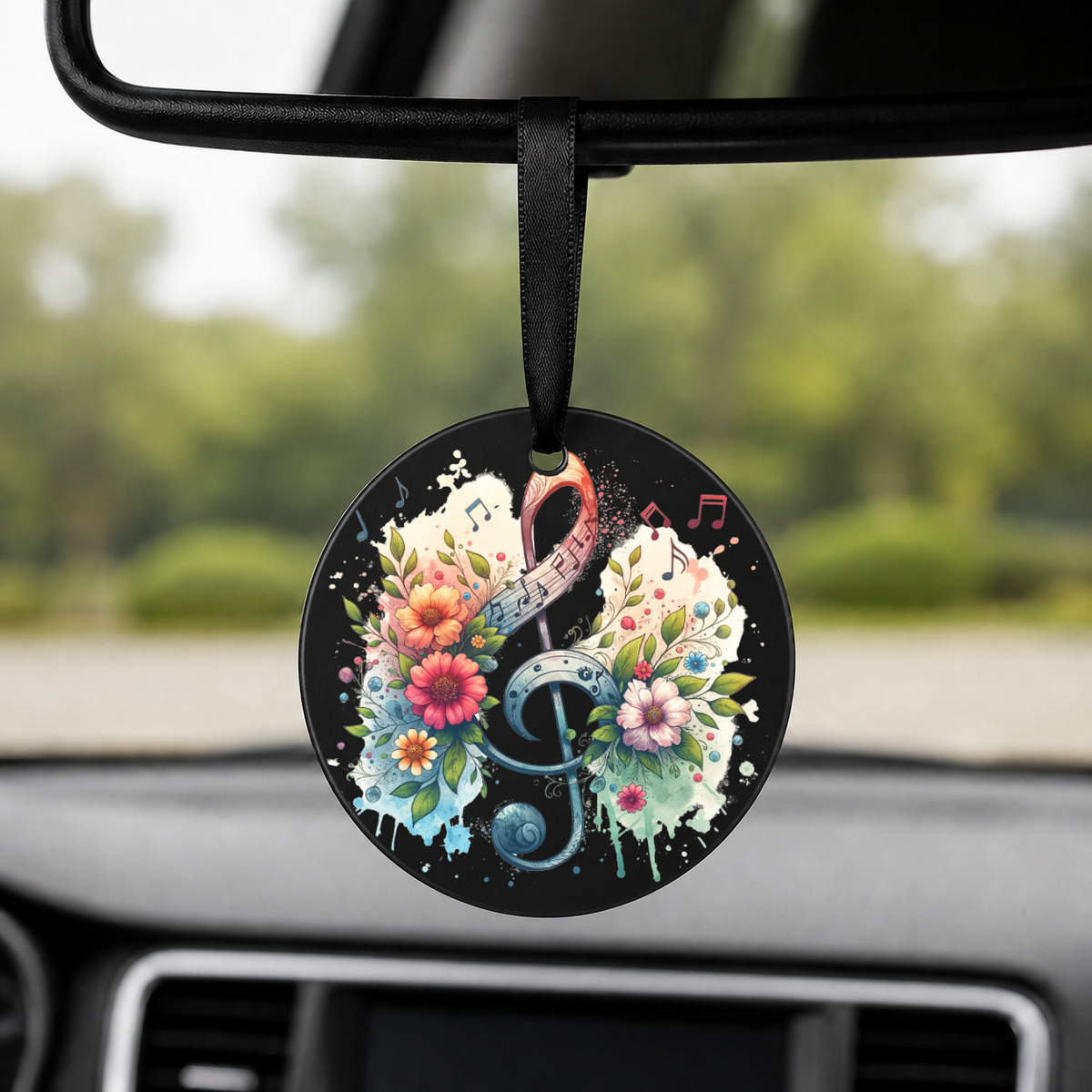 Floral Treble Clef - Rainbow Sparkle - Round Car Charm in black