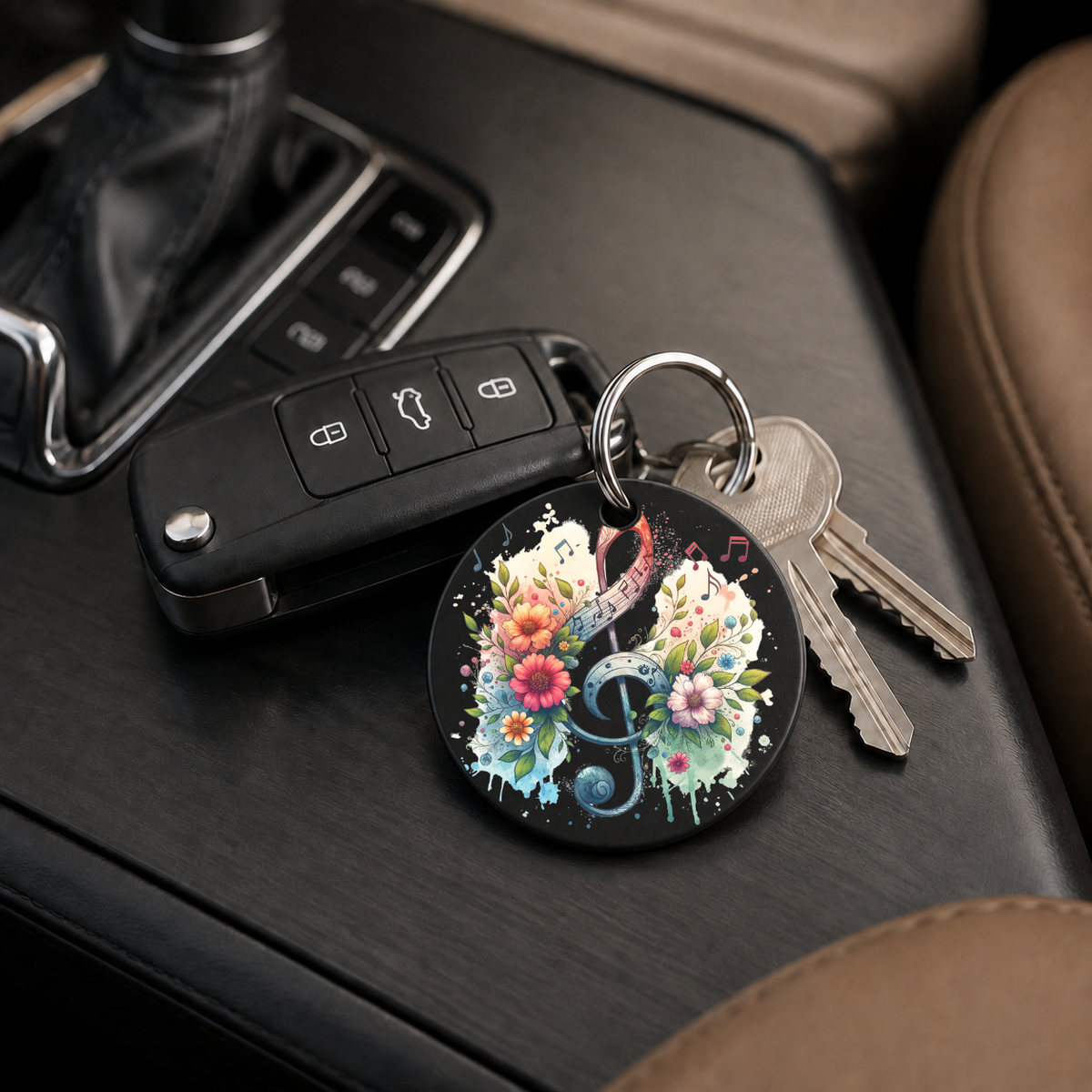 Floral Treble Clef - Rainbow Sparkle - Keychain in black
