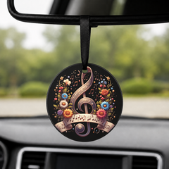 Floral Treble Clef - Rose Wreath - Round Car Charm in black