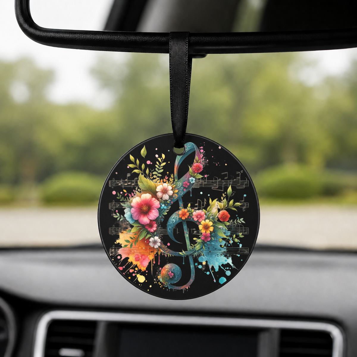 Floral Treble Clef - Sheet Music Petals - Round Car Charm in black