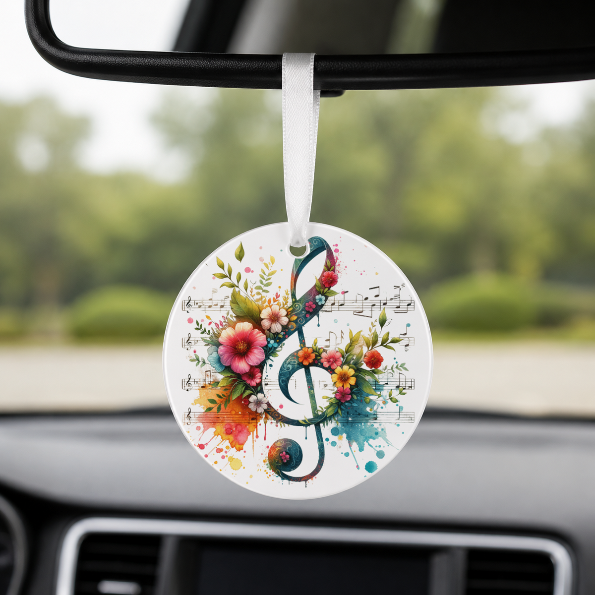 Floral Treble Clef - Sheet Music Petals - Round Car Charm in white