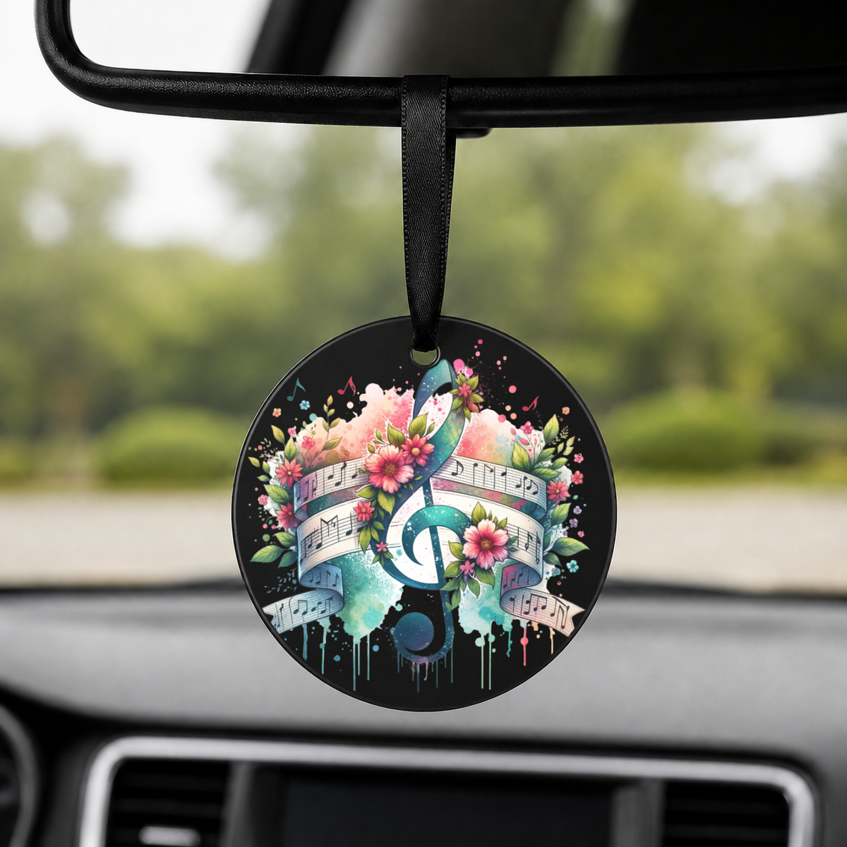 Floral Treble Clef - Watercolor Banner - Round Car Charm in black