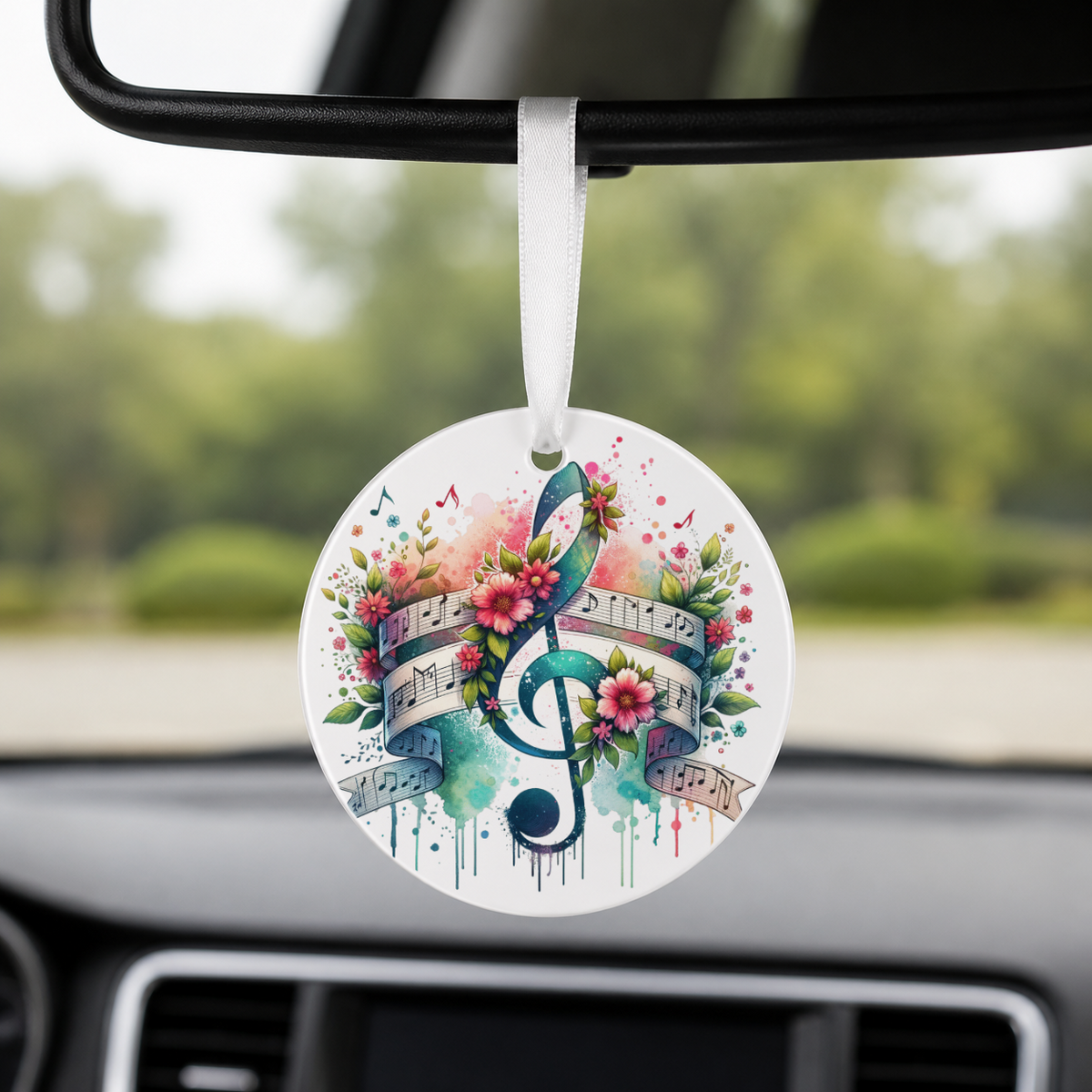 Floral Treble Clef - Watercolor Banner - Round Car Charm in white