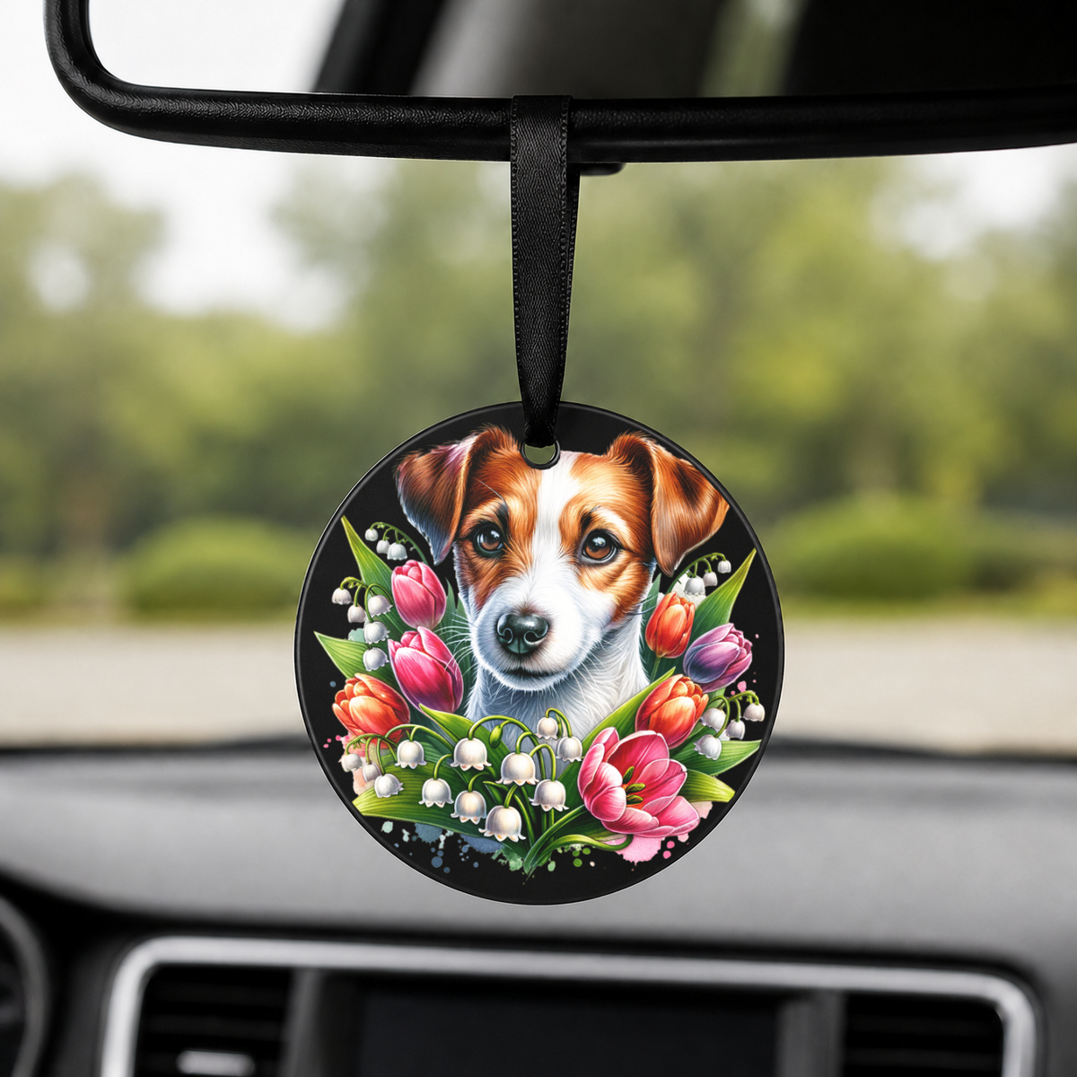 French Bulldog With Tulips - Round Car Charm in black