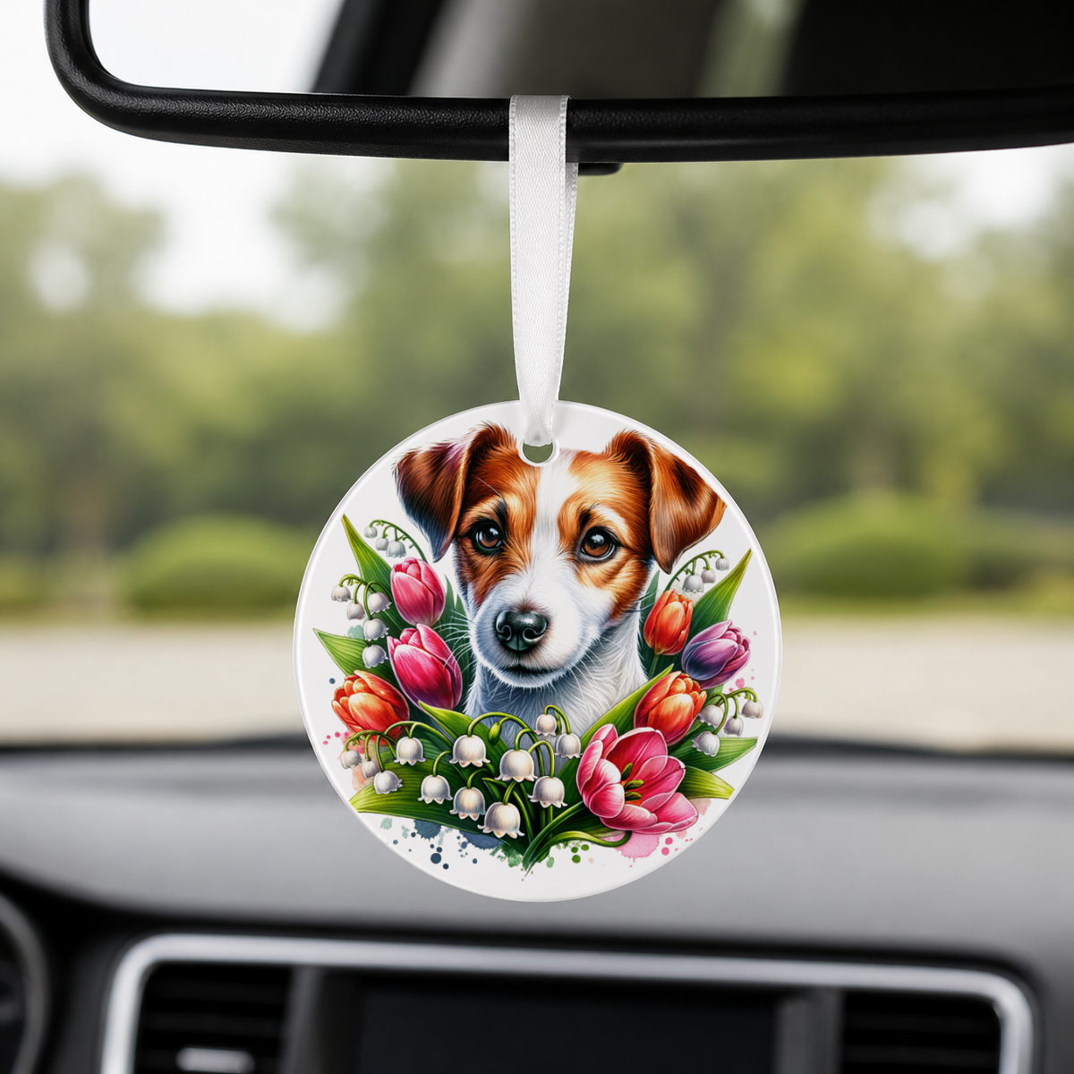 French Bulldog With Tulips - Round Car Charm in white