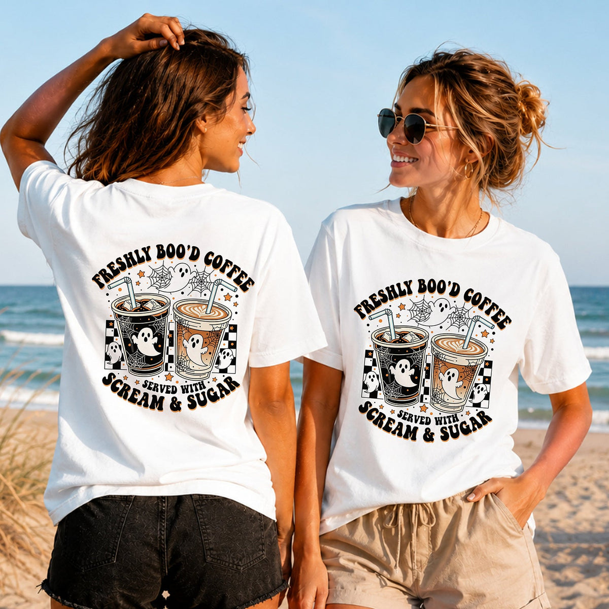 Freshly Boo'd Coffee - Women's T-Shirt in white, showing alternative back and front print placements on the beach