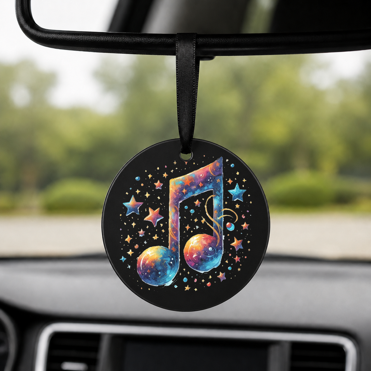 Galaxy Music Note Sphere - Round Car Charm in black
