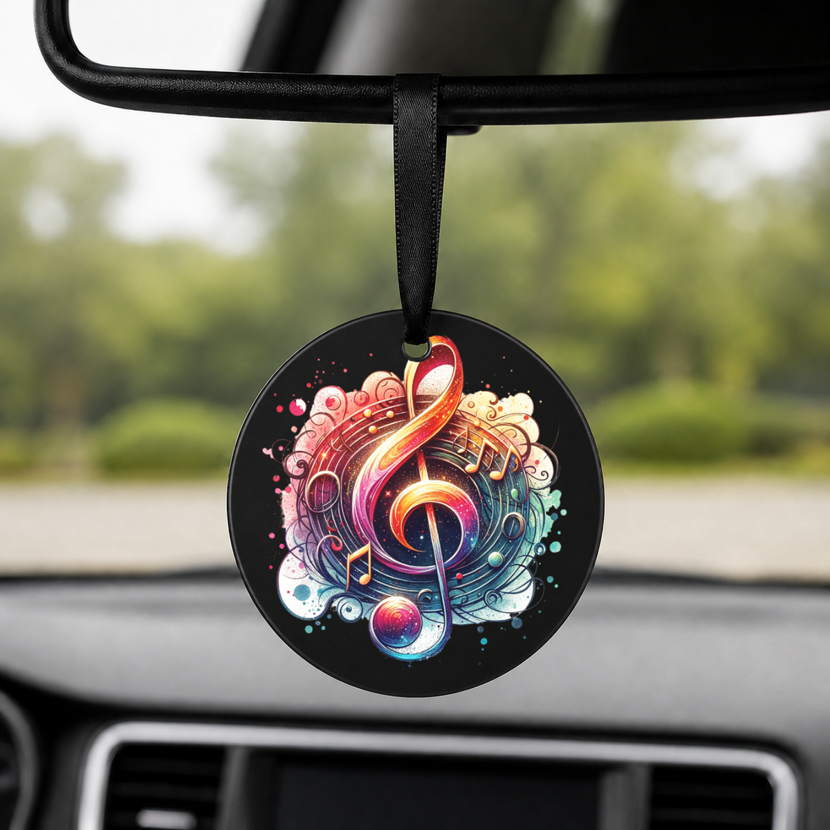 Galaxy Treble Clef - Splash - Round Car Charm in black