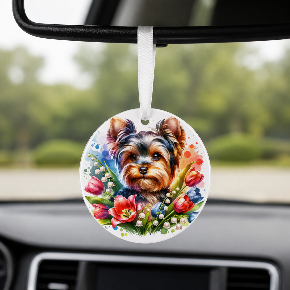 German Shepherd With Tulips - Round Car Charm in white