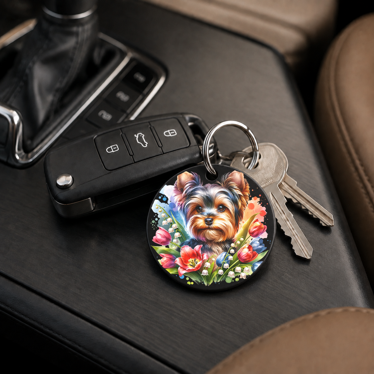 German Shepherd With Tulips - Keychain in black