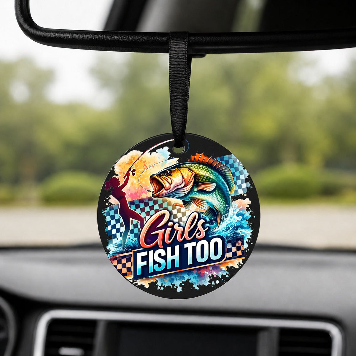 Girls Fish Too - Ocean Splash - Round Car Charm in black