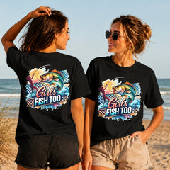 Girls Fish Too - Ocean Splash - Women's T-Shirt in black, showing alternative back and front print placements on the beach
