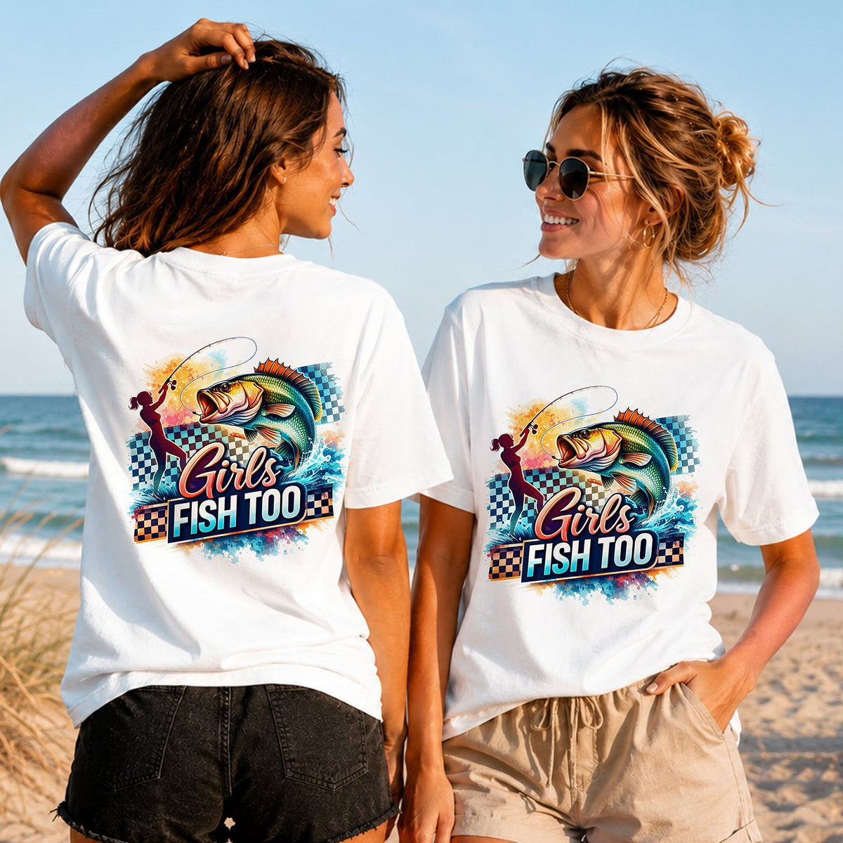 Girls Fish Too - Ocean Splash - Women's T-Shirt in white, showing alternative back and front print placements on the beach