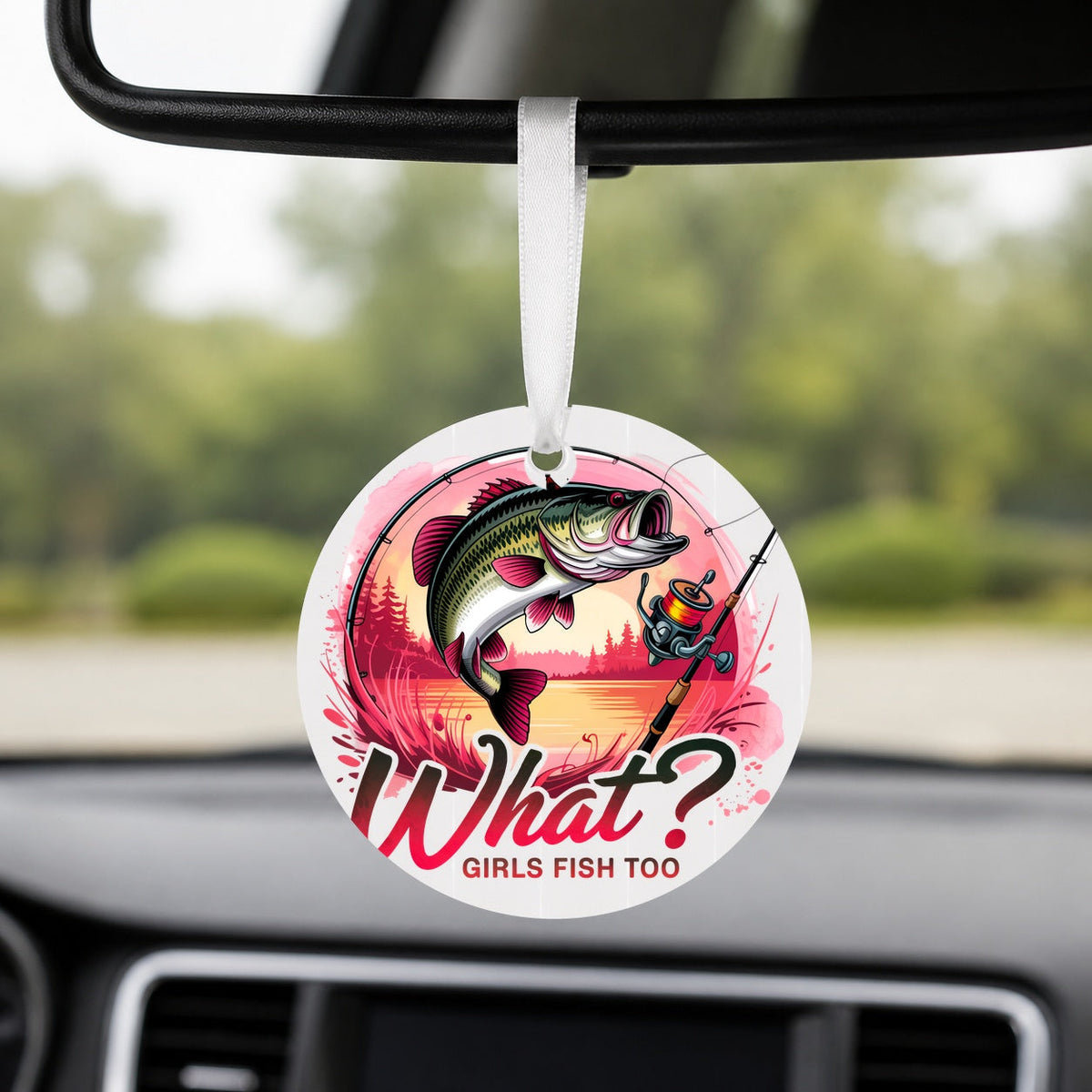 Girls Fish Too - Pink Sunset - Round Car Charm in white