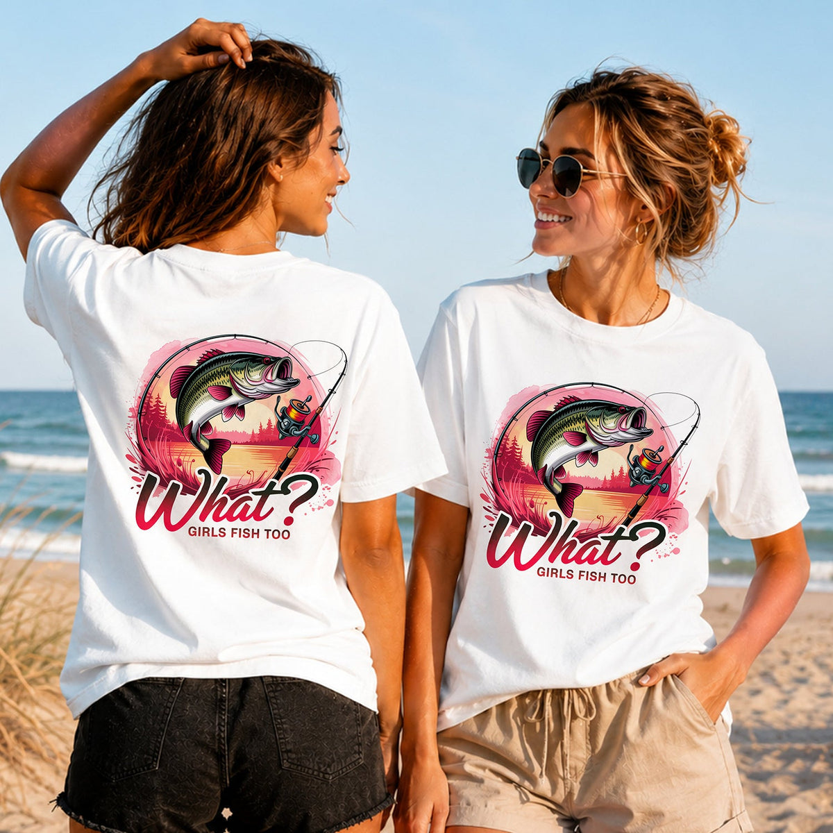 Girls Fish Too - Pink Sunset - Women's T-Shirt in white, showing alternative back and front print placements on the beach