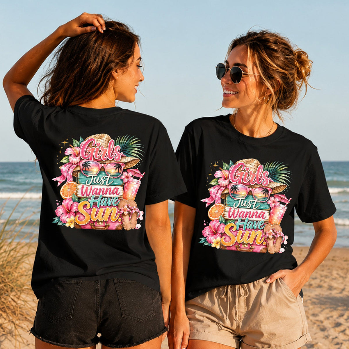 Girls Just Wanna Have Sun - Women's T-Shirt in black, showing alternative back and front print placements on the beach
