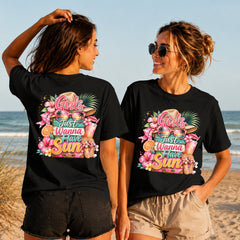 Girls Just Wanna Have Sun - Women's T-Shirt in black, showing alternative back and front print placements on the beach