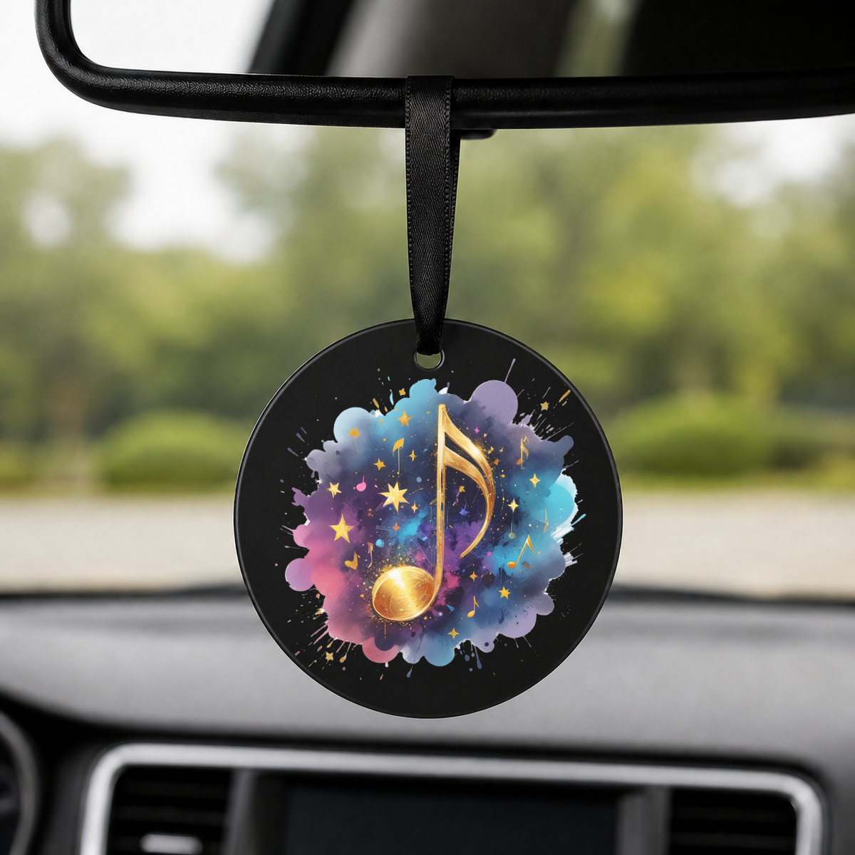 Gold Music Note Splash - Round Car Charm in black